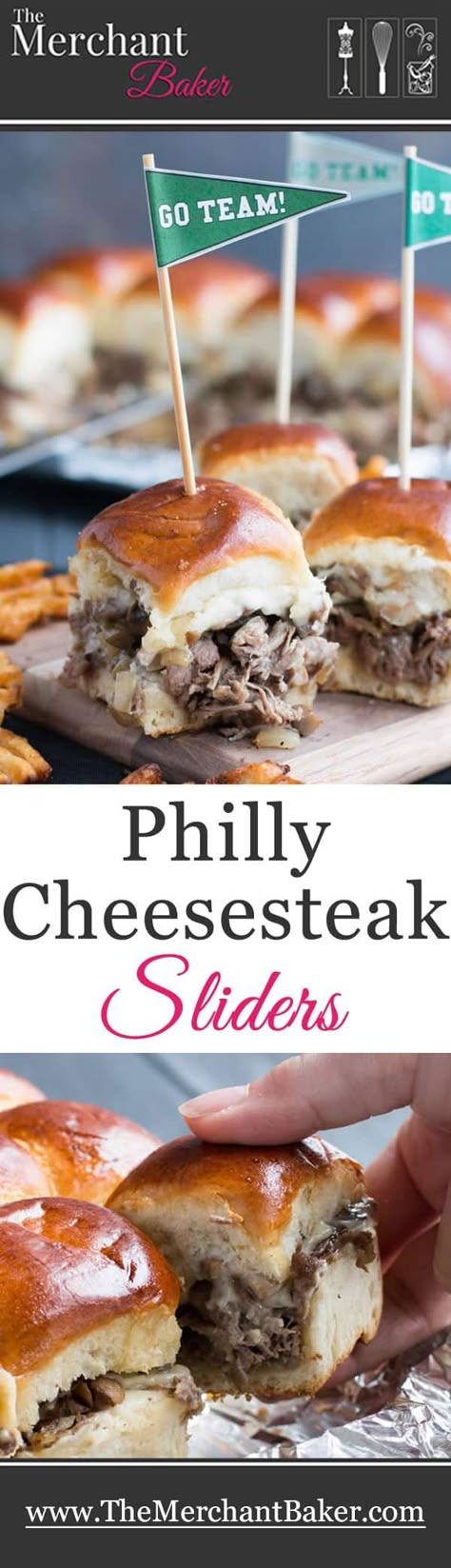 Philly Cheesesteak Sliders. Tender shaved steak, fried onions and mushrooms, melty cheese and a buttery toasted bun make these sliders a delicious choice for game day. Free printable pennants make them fun! #sliders #cheesesteak #gameday #appetizers #snacks Talegate Food, Sliders Superbowl, Sandwich Sliders, Gameday Appetizers, Philadelphia Cheesesteak, Shaved Steak, Philly Cheesesteak Sliders, Track Food, Cheesesteak Sliders