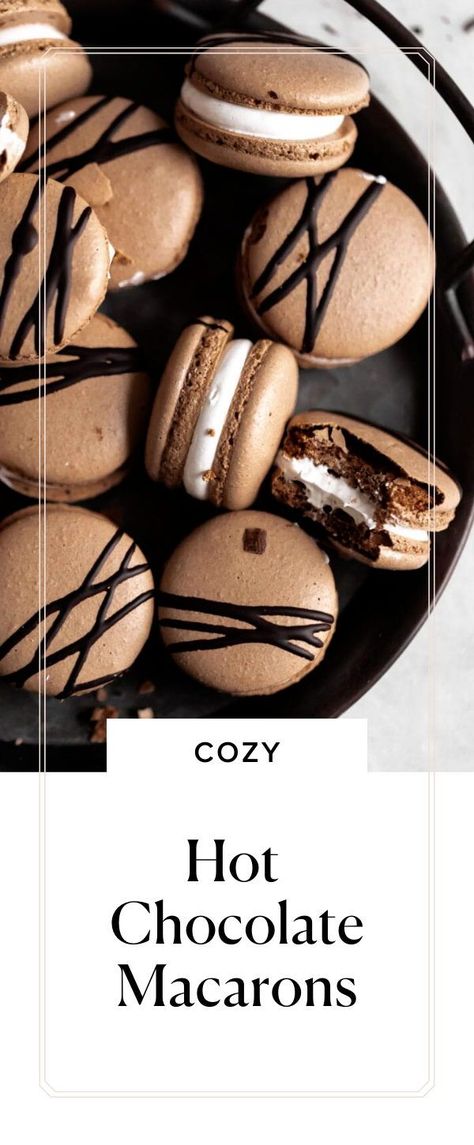 Hot Cocoa Cookies With Marshmallows, Macaroons Flavors Recipes, Pb&j Macarons, Macaron Recipe Christmas, S’mores Macarons, Hot Cocoa Macarons, Christmas Macaroons Recipe, New Years Macarons, Winter Macaron Flavors