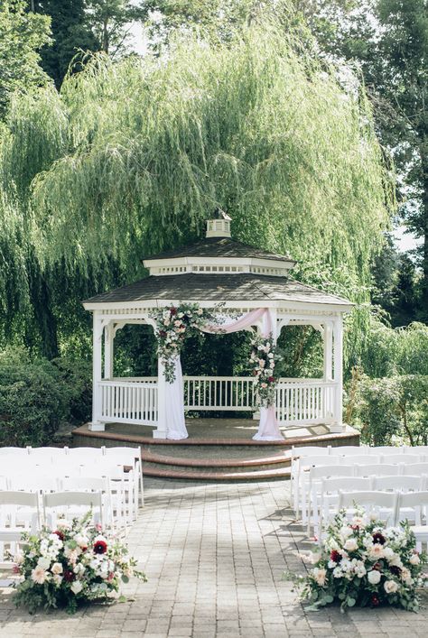 Wedding In A Gazebo, Wedding Decor For Gazebo, Gazebo Drapes Wedding, Gazebo Florals Wedding, Gazebo Ideas Wedding Outdoor, Apple Hill Wedding California, Winter Gazebo Wedding, Flower Alter Wedding Floral Arch, Wedding Ceremony Gazebo Decorations