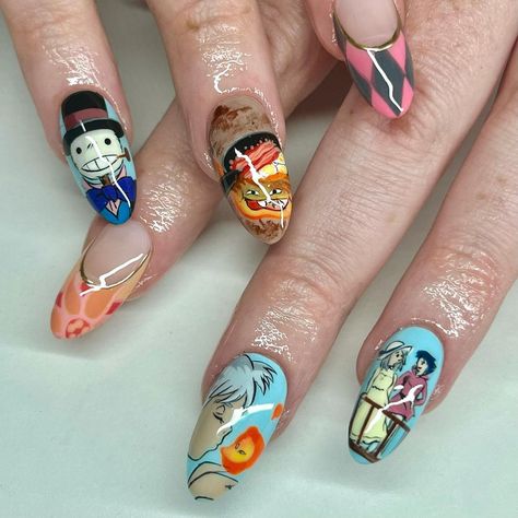 Howls Moving Castle Inspired Nails, Howl’s Moving Castle Nails, Howls Moving Castle Nail Design, Howls Moving Castle Nail Art, Calcifer Nails, Ghibli Nail Art, Studio Ghibli Nail Art, Howls Moving Castle Nails, Castle Nails