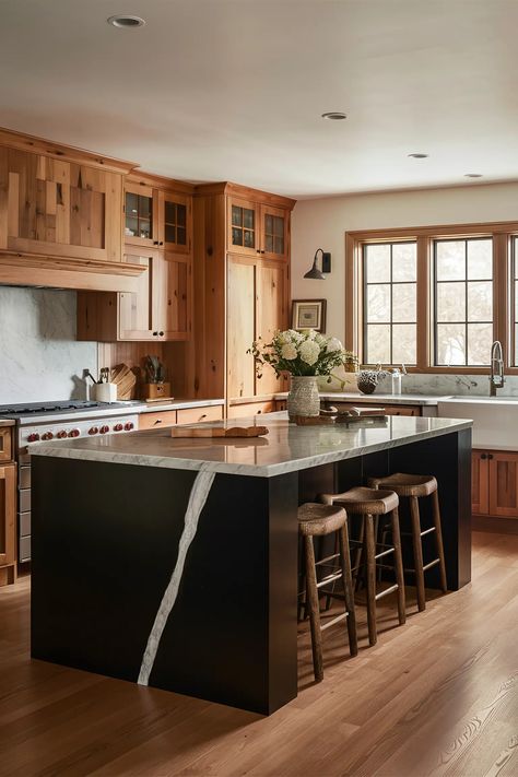 25 Stunning Black Kitchen Island Ideas That Scream Sophistication - HOME STYLE KING Modern Black Kitchen Island, Black Kitchen Island Ideas, Kitchen Island Oak, Black Kitchen Island Lighting, Kitchen Glam, Kitchen Island Designs, Black Porcelain Tiles, Modern Black Kitchen, Black Island