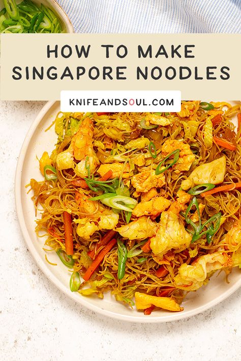 Put the takeaway menu down and make the tastiest Singapore Chow Mein (also known as Singapore Noodles) at home in just 30 minutes with this easy recipe. With tasty prawns/shrimp, pork, soft scrambled eggs, fresh veggies, seasoned with fragrant curry powder, and an umami sauce, these noodles are nutritious, healthy, and satisfying. Whether you prefer mild or spicy flavours, you can easily adjust things to your liking (as well as experimenting with different veggies and proteins). Singapore Chow Mein, Singapore Noodle Recipes, Singapore Noodles Chicken, Cantonese Chow Mein, Umami Sauce, Salt And Chilli Chicken, Singapore Noodles Recipe, Soft Scrambled Eggs, Chicken And Sweetcorn Soup