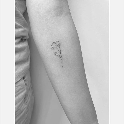 Fine line calla lily tattoo on the inner forearm. Calla Lily Tattoo, Lilly Flower Tattoo, Water Lily Tattoos, Lillies Tattoo, Lily Tattoo Design, Lily Flower Tattoos, Tiny Wrist Tattoos, Piercings Ideas, Minimal Tattoo Design