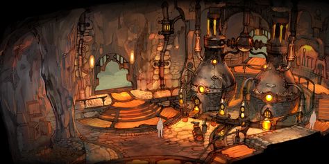 Fantasy Forge Art, Blacksmith Forge Fantasy Art, Goblin Town, Fantasy Forge, Dwarven City, Fantasy Factory, Goblin Art, Fantasy City, Fantasy Castle