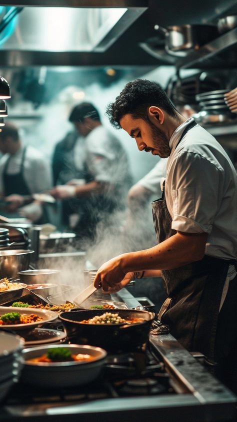 Chef Cooking Meal: A focused chef meticulously prepares a dish in a bustling commercial kitchen filled with steam. #chef #cooking #kitchen #steam #commercial #aiart #aiphoto #stockcake ⬇️ Download and 📝 Prompt 👉 https://ayr.app/l/FDUz Cooking Aesthetic Restaurant, Chef Kitchen Aesthetic, Busy Restaurant Photography, Busy Restaurant Aesthetic, Restaurant Meals Aesthetic, Cooking Aesthetic Photography, Man Cooking Photography, Professional Chef Aesthetic, Restaurant Kitchen Aesthetic