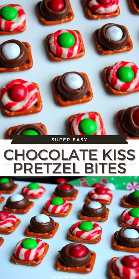 These Chocolate Kiss Pretzel Bites are little pretzel squares that are topped with chocolate kisses, melted in the oven and then topped with sweet chocolate candies! They're the perfect sweet and salty dessert! Pretzel Candy Melts, Pretzel Kisses, Chocolate Pretzels Christmas, Pretzel Chocolate Bites, Pretzel Desserts, Christmas Pretzels, Pretzel Bites Recipes, Pretzel Snacks, Pretzel Treats