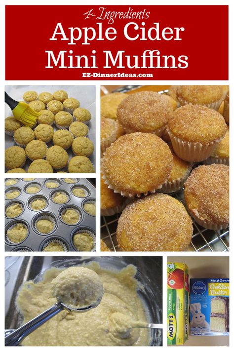 Cake Mix Muffin Recipe | 4-Ingredient Apple Cider Mini Muffins Cake Mix Cinnamon Muffins, Mini Muffins From Cake Mix Recipes, Apple Cider Mini Muffins, Cake Mix Mini Muffins, Easy Mini Muffin Recipes, Muffins From Cake Mix Recipes, Mini Apple Muffins, Apple Cider Muffins, Mini Muffin Recipe