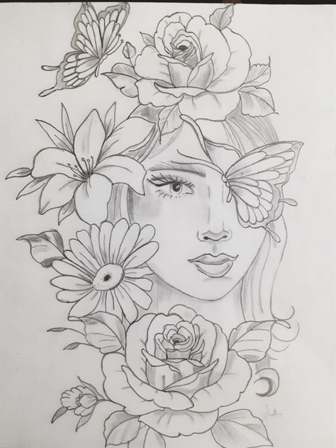 Portrait With Flowers Drawing, Person With Butterfly, Butterfly Drawing Reference, Flower Girl Drawing, Hard Drawings, Self Portrait Drawing, Easy Girl, Pencil Drawings Of Flowers, Pencil Drawings Of Girls