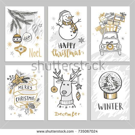 Christmas hand drawn cards with snowman, car, fir branch, balls and gifts. Vector illustration. Christmas Cards Drawing, Winter Karten, Drawn Cards, Handwritten Lettering, Tree Angel, Fox Christmas, Car Stock, Hand Drawn Cards, Merry Bright Christmas