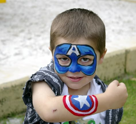 face paint - captain america Simple Face Painting Ideas For Kids Boys, Avengers Face Paint, Captain America Face Paint, Kids Face Painting Easy, Disney Face Painting, Superhero Face Painting, Easy Face Painting Designs, Face Painting For Boys, Face Paint Ideas