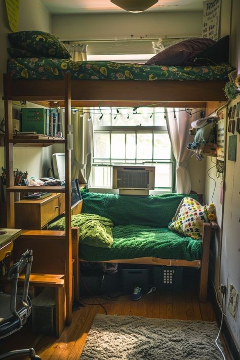 Functional Dorm Room, Cozy Room Ideas For Small Rooms, Single Dorm Room Aesthetic, Dorm Seating Ideas, Cozy Dorm Decor, Whimsigoth Dorm Room, Dark Green Dorm Room, How To Make Room Cozy, 70s Dorm Room