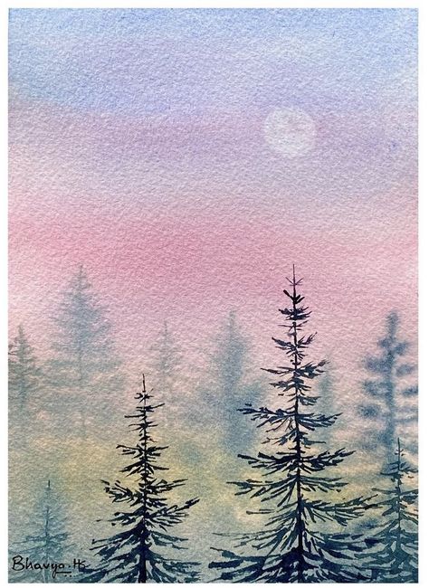 Themes For Painting, Pink Watercolor Landscape, Watercolor Cute Paintings, Painting Landscape Watercolor, Mini Watercolour Landscapes, Simple Flower Watercolor Paintings, Watercolor Art Forest, Fun Watercolor Paintings, Mini Paintings Watercolor