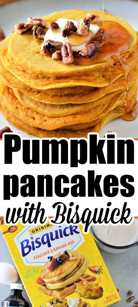 Pumpkin pancakes with Bisquick are easy to make for breakfast or dessert in the Fall. Just 5 ingredients to pancakes with pumpkin puree. Pumpkin Pancakes Bisquick, Easy Pumpkin Pancakes, Pancakes Pumpkin, Cheap Ingredients, Pumpkin Pie Pancakes, Pumpkin Pancakes Easy, Fall Recipes Breakfast, Pumpkin Pancake Recipe, Healthy Pancake Recipes