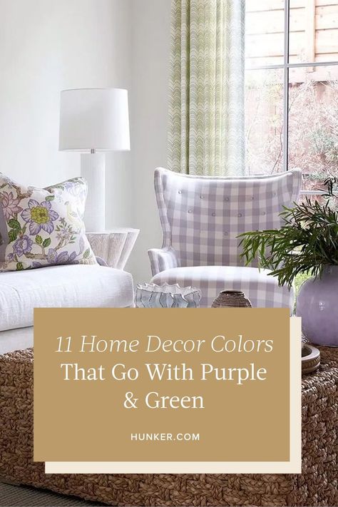 Here are 11 great color pairings to consider with purple and green. #hunkerhome #homedecor #homedecorideas #homedecorinspo Sage Green And Purple Bedroom, Green And Purple Living Room, Purple And Green Room, Lavender And Green Bedroom, Pale Yellow Bedrooms, Germany Apartment, Purple And Green Bedroom, Green Sunroom, Green And Purple Bedroom