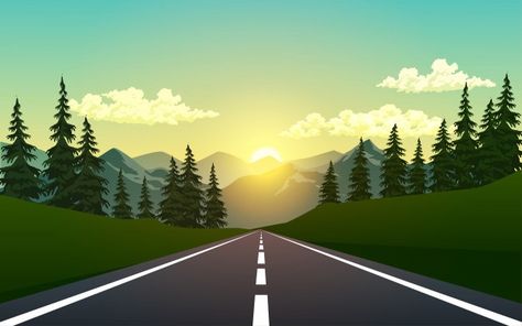 Empty road in the forest Premium Vector | Premium Vector #Freepik #vector #background #tree #nature #mountain Nissan 350z Wallpapers, Foreground Middleground Background, Road Drawing, Cartoon Mountain, Background Tree, Road Vector, Landscape Wallpapers, Empty Road, Gacha Backgrounds