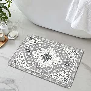 Uphome Boho Vintage Bathroom Rugs Gray Non-Slip Soft Bath Mat Machine Washable Oriental Small Bath Rug Traditional Tribal Floral Bath Mats for Sink Shower Doorway Tub, 18x25 inch Bathroom 2023, Retro Bathrooms, Floral Bath, Small Bath, Traditional Farmhouse, Vintage Bathroom, Bath Linens, Boho Vintage, Bathroom Mats