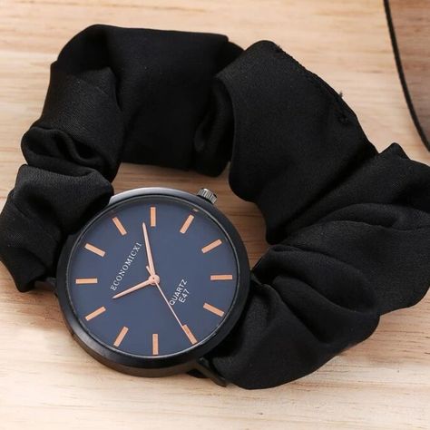 Fun Yet Practical And Simple Black Scrunchie Band Watch For The Female Of Any Age. Black Watches For Girls, Scrunchie Watch Band, Scrunchie Watch, Black Scrunchie, Watch Simple, Girls Watches, Watch New, Black Watch, Watch Band