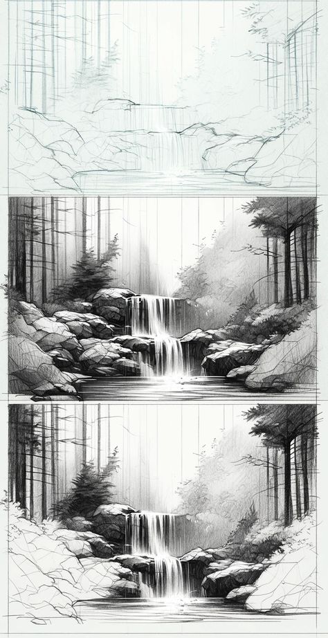 "Create Serenity with 45 Step-By-Step Outdoor Sketches - Visit Website Now Outdoor Sketches, Waterfall Sketch, Pencil Sketches Landscape, Waterfall Drawing, Landscape Drawing Tutorial, Mountain Sketch, Landscape Pencil Drawings, Ancient Drawings, Drawing Scenery