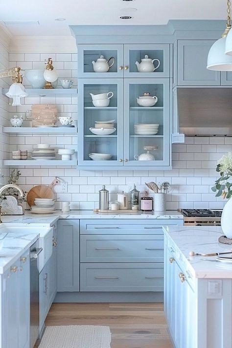 Pastel Blue Kitchen Walls, Kitchen Cabinet Light Blue, Baby Blue Cabinets Kitchen, Kitchen Ideas Pastel, Light Blue And White Kitchen, Light Blue Kitchen Ideas, Pink And Blue Kitchen, Fancy Kitchen Ideas, Light Blue Kitchen Cabinets