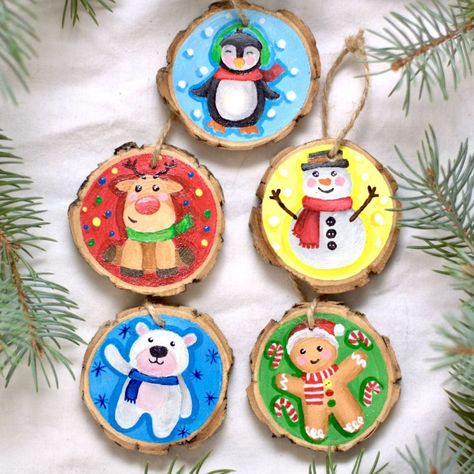 Hand Painted Wood Christmas Ornaments Wood Slice Ornaments - Etsy Canada Christmas Mini Paintings, Painted Wood Christmas Ornaments, Christmas Ornaments Wood Slice, Ornaments Wood Slice, Christmas Ornaments Wood, Handpainted Christmas Ornaments, Wood Slice Ornaments, Ornaments Wood, Circle Crafts