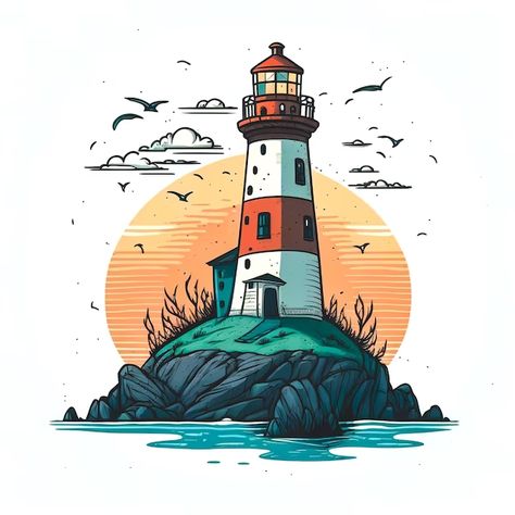 Navigation Illustration, Lighthouse Mural, Light House Art, Sea Illustration Art, Lighthouse Illustration, Lighthouse Clipart, Nautical Illustration, Lighthouse Sketch, Earth Day Drawing