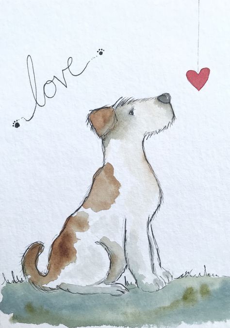 Watercolour And Ink Animals, Dog Watercolor Painting Easy, Cute Dog Painting, Simple Dog Painting, Bookmarker Ideas, Dog And Cat Art, Watercolour Dogs, Dog Sketches, Dog Watercolour