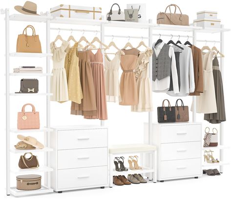 PRICES MAY VARY. 【All-in-one Multifunction Closet Rack】This closet organizer with drawers meets all of your clothing storage needs. it is featured with coat rack, 6 wood drawers, shoe rack, shoe bench, side display shelves, and a full row of top shorage shelf to make more storage organized. 6 wood drawers as 2 dressers that can store private items such as folded clothing underwear and socks. 【Sturdy and Durable Structure】This clothing rack with shelves is made of premium MFC board and heavy duty Multifunctional Clothes, Clothes Bedroom, Clothes Rack Closet, Closet On A Budget, Shoes Boxes, Diy Walk In Closet, Wood Closet Organizers, Rack Wardrobe, Pipe Clothes Rack