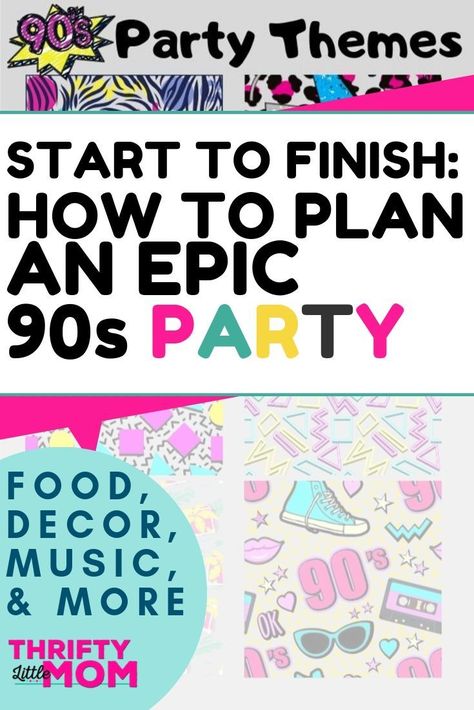 Plan a fun 90s theme party with these DIY ideas for food, decorations, and hip hop music to make your friends sweat to the beat!! Love the easy bunting decor tricks! #partyplanning #decor #themeparty Diy 90s Party, 90s Birthday Party Theme For Adults, Easy Bunting, 90th Birthday Party Theme, 90s Decorations, 90s Theme Party Decorations, 90s Party Ideas, Bunting Decor, 90s Party Decorations