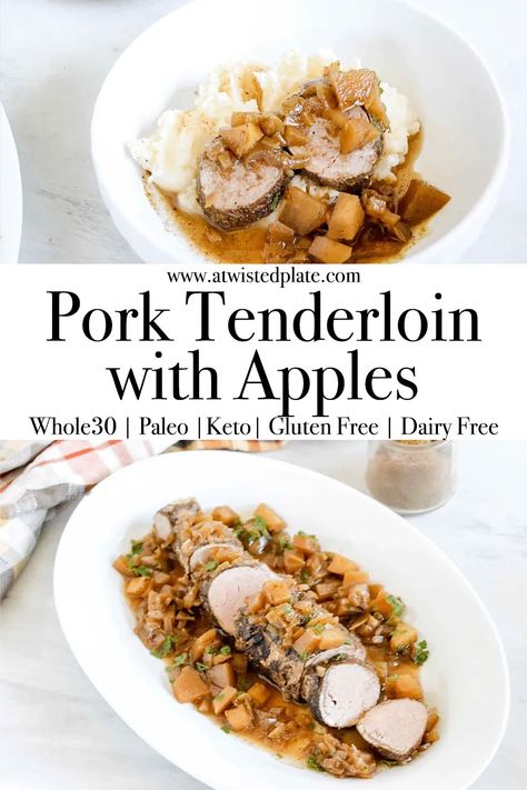 Perfectly flavored Pork Tenderloin are perfect dinner! Seasoned with Sage Pork Rub and cooked with Apples, Onion, Chicken Broth, Sage and spices making the perfect gravy to go with the pork tenderloin. A delicious and easy dinner for you busy workweek. #pork #porktenderloin #porktenderloinwithapples #dinner #easyporkdinner #healthyporkrecipe #porkrecipe #porktenderloinrecipe #apples #porkdinner Paleo Pork Tenderloin, Pork Tenderloin With Apples, Pork Rub Recipe, Pork Loin Crock Pot Recipes, Pork Tenderloin Medallions, Healthy Pork Recipes, Apple Pork Tenderloin, Paleo Pork, Turkey Tenderloin