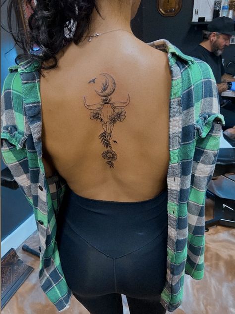 Southern Tattoos For Women Forearm, Bull Spine Tattoo, Longhorn Skull Back Tattoo, Bull Skull Tattoo Placement, Cowboy Spine Tattoo, Feminine Bull Tattoo Taurus, Cow Skull Spine Tattoo, Cactus Spine Tattoo, Southern Spine Tattoos