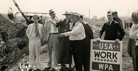 Eleanor Roosevelt in Des Moines, Iowa talking with a project superintendent about a WPA project to convert a city dump into a water front park. June 8, 1936. Works Progress Administration, Franklin Delano Roosevelt, Civilian Conservation Corps, Presidential Libraries, Des Moines Iowa, Economic Systems, Eleanor Roosevelt, Home Owners, Old Quotes