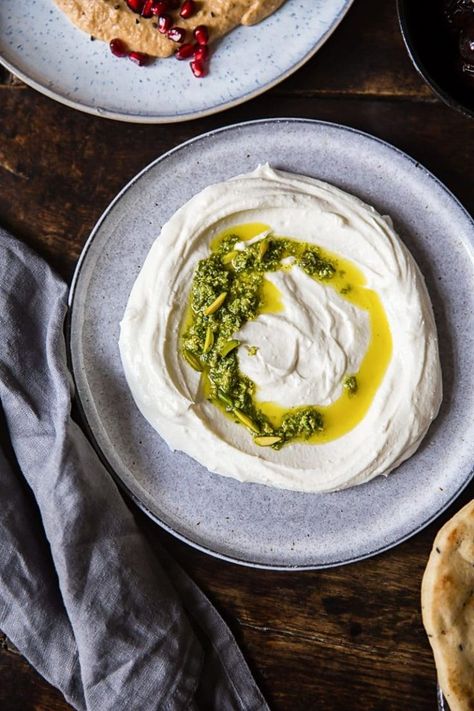 Whipped feta and ricotta dip with mint pistachio pesto Ricotta Dip, Pistachio Pesto, Whipped Feta, Appetizer Snacks, Chutney, Tupperware, Pistachio, Ricotta, Hummus