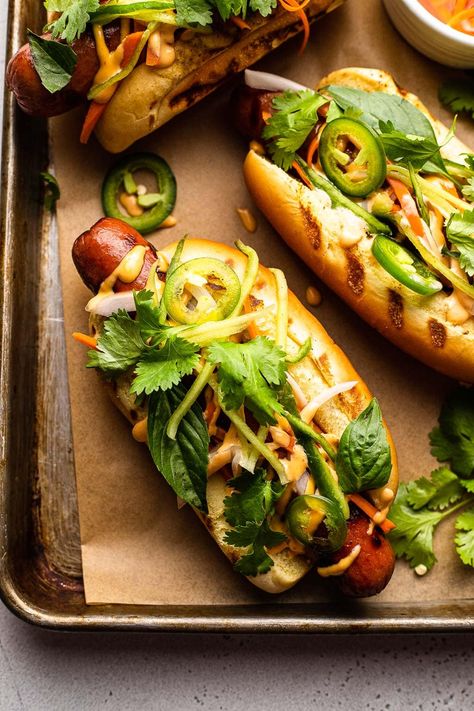 Banh Mi Hot Dog, Hot Dog Burger, Bahn Mi Hot Dog, Turkey Hot Dogs, Elevated Hot Dogs, Fancy Hot Dogs, Spicy Hot Dog, Hot Dogs Grilled, Bbq Hot Dogs