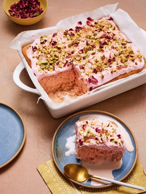 Pistachio Milk Cake, Rose And Pistachio, Milk Cake Recipe, Pistachio Milk, Meringue Cake, Rose Milk, Jamie Oliver Recipes, Pistachio Cake, Milk Cake