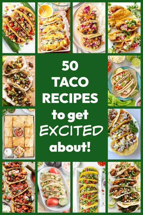 50 Taco Recipes to get excited about, including many recipes for different kinds of chicken, beef, seafood, pork and vegetarian tacos! Delicious Taco Recipes, Different Kinds Of Tacos, Beef Tinga Recipe, Latino Dishes, Lush Desserts, Burger Tacos, Types Of Tacos, Tacos Recipes, Big Family Meals