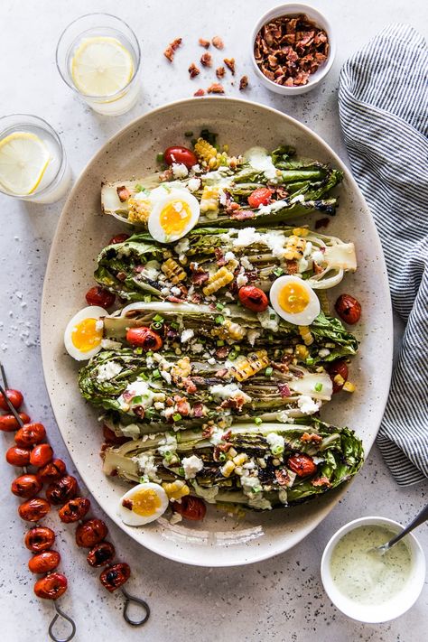 Grilled Romaine Salad with Jalapeno Ranch - Isabel Eats Homemade Jalapeno Ranch Dressing, Charred Romaine, Salad With Jalapeno, Jalapeno Ranch Dressing, Grilled Romaine Salad, Grilled Salad, Grilled Romaine, Creamy Jalapeno, Romaine Salad