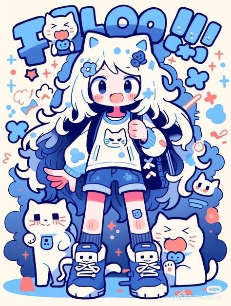 Cartoon Cute Character, 3 People Drawing, Anime Design Character, Cute Anime Illustration, Cute Cartoon Art, Cute Cat Art, Cartoon Ideas, Wallpaper Drawing, Drawing Blue