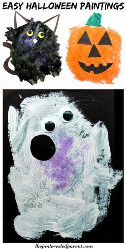 Easy blob painted Halloween paintings. Paint a black cat, ghost or pumpkin. This is a perfect arts and craft activity for toddlers and preschoolers Deco Porte Halloween, Easy Halloween Paintings, Halloween Crafts For Kids To Make, Black Cat Ghost, Craft Activities For Toddlers, Halloween Crafts Preschool, Activity For Toddlers, Halloween Crafts For Toddlers, Cat Ghost