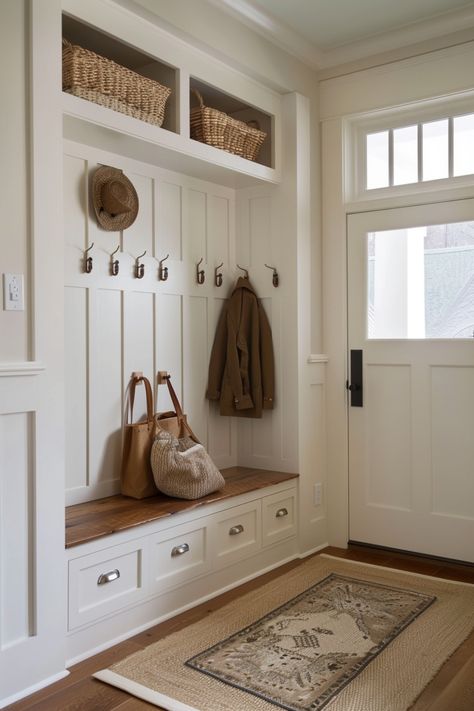 Get a vintage-inspired board and batten wall in your home by following these 15 tips. Mudroom Ideas Entryway Board And Batten, Entry Way Hooks Board And Batten, Beige Board And Batten, Farmhouse Board And Batten, Board And Batten Wall Ideas, Batten Wall Ideas, Porch Mudroom, Batten Walls, Small Sunroom