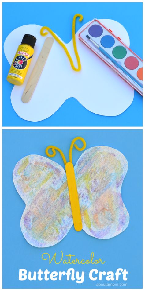 Watercolor butterfly craft for kids free printable butterfly template Butterfly Crafts Preschool, Butterfly Craft For Kids, Butterflies Activities, Printable Butterfly, April Crafts, Insect Crafts, Butterfly Craft, Bug Crafts, Watercolor Butterfly