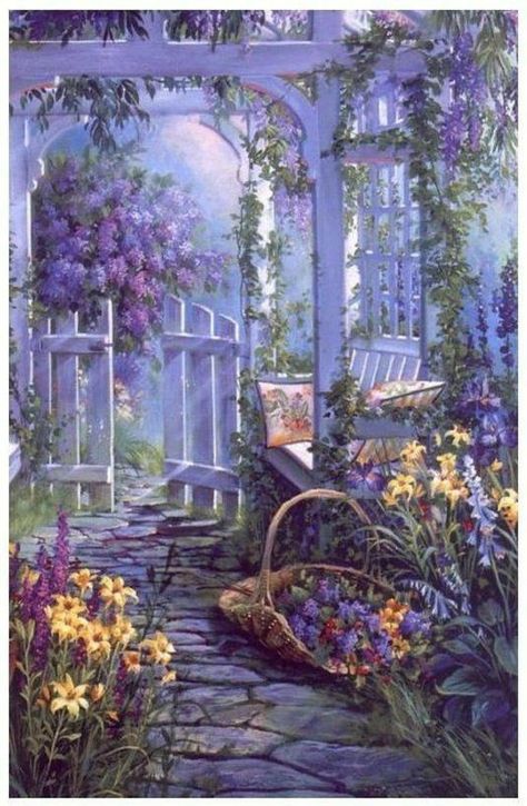 Image Zen, Raindrops And Roses, Lavender Cottage, Cottage Art, Garden Painting, Alam Semula Jadi, Cottage Garden, Beautiful Paintings, Garden Arch