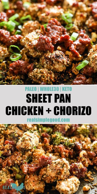 This easy sheet pan chicken and chorizo bake is a great quick and easy weeknight dinner. Plus, it’s a healthy and flavorful Paleo, Keto + Whole30 recipe! With chorizo, cauliflower rice, hemp seeds and broccoli, it's a versatile dish for leftovers too. | realsimplegood.com  #sheetpan #lowcarb #healthy via @realsimplegood Chorizo Bake, Ground Chorizo, Easy Sheet Pan Chicken, Paleo Entrees, Whole30 Recipe, Paleo Roast, Chicken And Chorizo, Chicken Chorizo, Riced Cauliflower