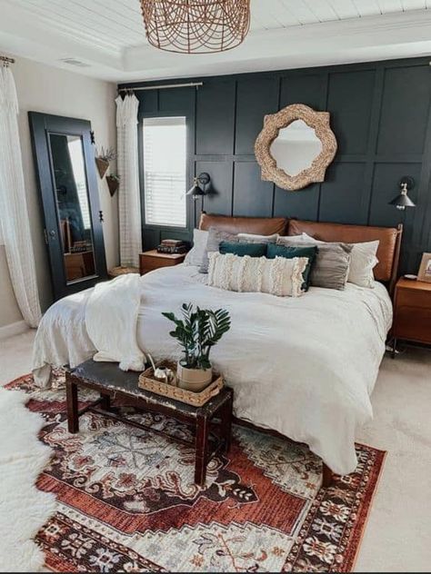 Dark Boho Master Room Bedroom Ideas, Moody Green Boho Bedroom, Dark Wood Headboard Bedroom Accent Walls, Dark Green Boho Room, Master Bedrooms Decor Colors 2023, Bedroom With 4 Windows, Zen Coastal Bedroom, Master Bedrooms Decor Rust Color, Accent Wall Bedroom Dark Furniture