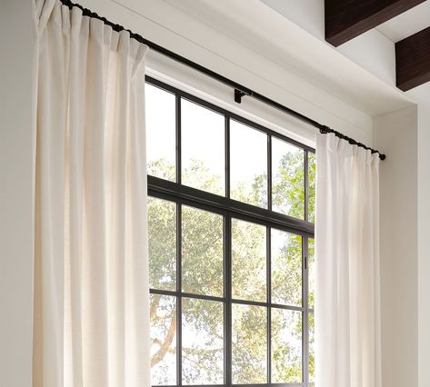 Floating Curtains, Bronze Curtain Rods, Pottery Barn Curtains, Long Curtain Rods, Iron Curtain Rods, Black Curtain Rods, Ivory Curtains, Small Entryways, Linen Curtain