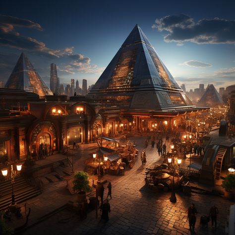 A futuristic cityscape in Egypt in 2050. The city is a blend of ancient and modern architecture, with pyramids and obelisks standing alongside skyscrapers and gleaming glass buildings. The streets are bustling with activity, filled with people from all over the world. The air is filled with the sounds of music, laughter, and commerce. In the distance, the pyramids loom large, a reminder of Egypt's rich history. But this is not a city stuck in the past. It is a thriving metropolis, Egyptian City Art, Egypt Futuristic, Fantasy Egypt, Egypt City, Ancient Egypt Architecture, Sounds Of Music, Ancient Egyptian Cities, Ancient Egyptian Architecture, Futuristic Cityscape