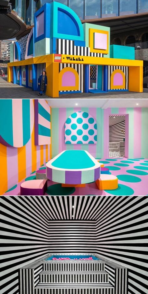 If you are a LEGO fanatic, then you would absolutely love the life-sized LEGO house designed by French artist and designer Camille Walala. Dubbed the HOUSE OF DOTS, it a 5-room interactive house complete with an 8 ft slide. It was built using a series of shipping containers with the help of 180 children from Kings Cross Academy and a group of LEGO building adult fans. Camilla Walala, Container House Design Ideas, Lego Interior Design, Cross Academy, Lego Design Ideas, Camille Walala, Experiential Design, Lego Buildings, Kings Cross