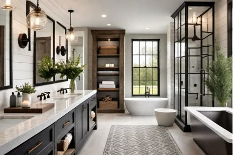 Modern bathroom with double sinks, a freestanding tub, glass shower, and a large window. Master Bath Inspiration Modern Farmhouse, Masculine Farmhouse Bathroom, Grey Modern Farmhouse Bathroom, Master Bathrooms Luxury Modern Farmhouse, Bathroom Remodel Master Modern Farmhouse, Master Bath Farmhouse Style, Bathrooms Luxury Modern, Farmhouse Tub, Modern Farmhouse Master Bath