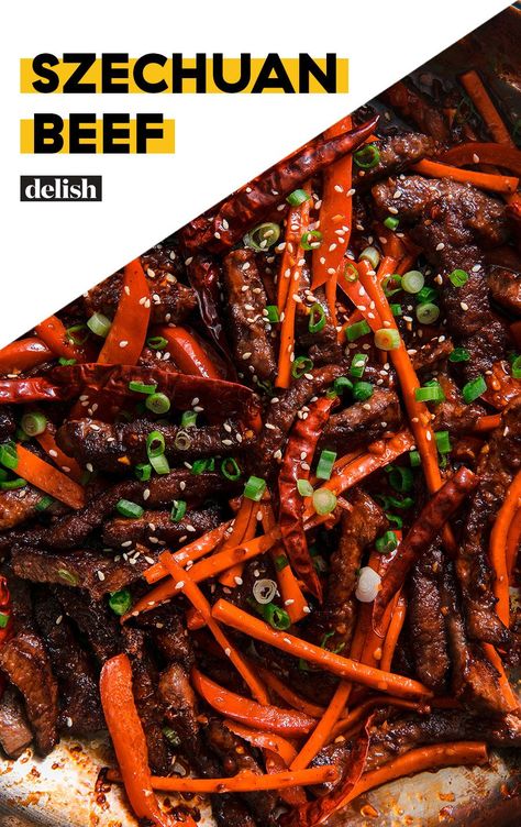 Szechuan Beef | Delish | 1 hour · Serves 4 · Get ready to break a little sweat with this Szechuan Beef: a hefty amount of chili and spice, tamed by sweet red bell peppers and carrots, and perfect for dinner. Chinese Beef Recipes, Szechuan Beef, Szechuan Chicken, Mapo Tofu, Easy Chili, Marinated Beef, Spicy Beef, Vegetable Drinks, Asian Cooking