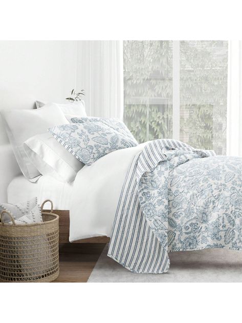 Dusty Blue  Collar     Embellished   Bedding Quilt Bedding Set, Preppy Blue Bedding, Modern Farmhouse Bed Set, Floral Blue Bedding, Blue Layered Bedding, King Size Comforter Sets Farmhouse, Blue And White Bedding Aesthetic, White Bedding Blue Accents, Bedding For Blue Walls