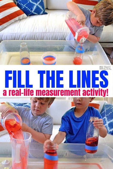 Measurement -- students fill different containers to a taped line using liquids and sand. This is also a sensory activity. Water Activities Preschool, Capacity Activities, Water Activities For Kids, Water Play Activities, Literacy Activities Preschool, Pouring Water, Measurement Activities, Visual Schedules, Life Skills Activities